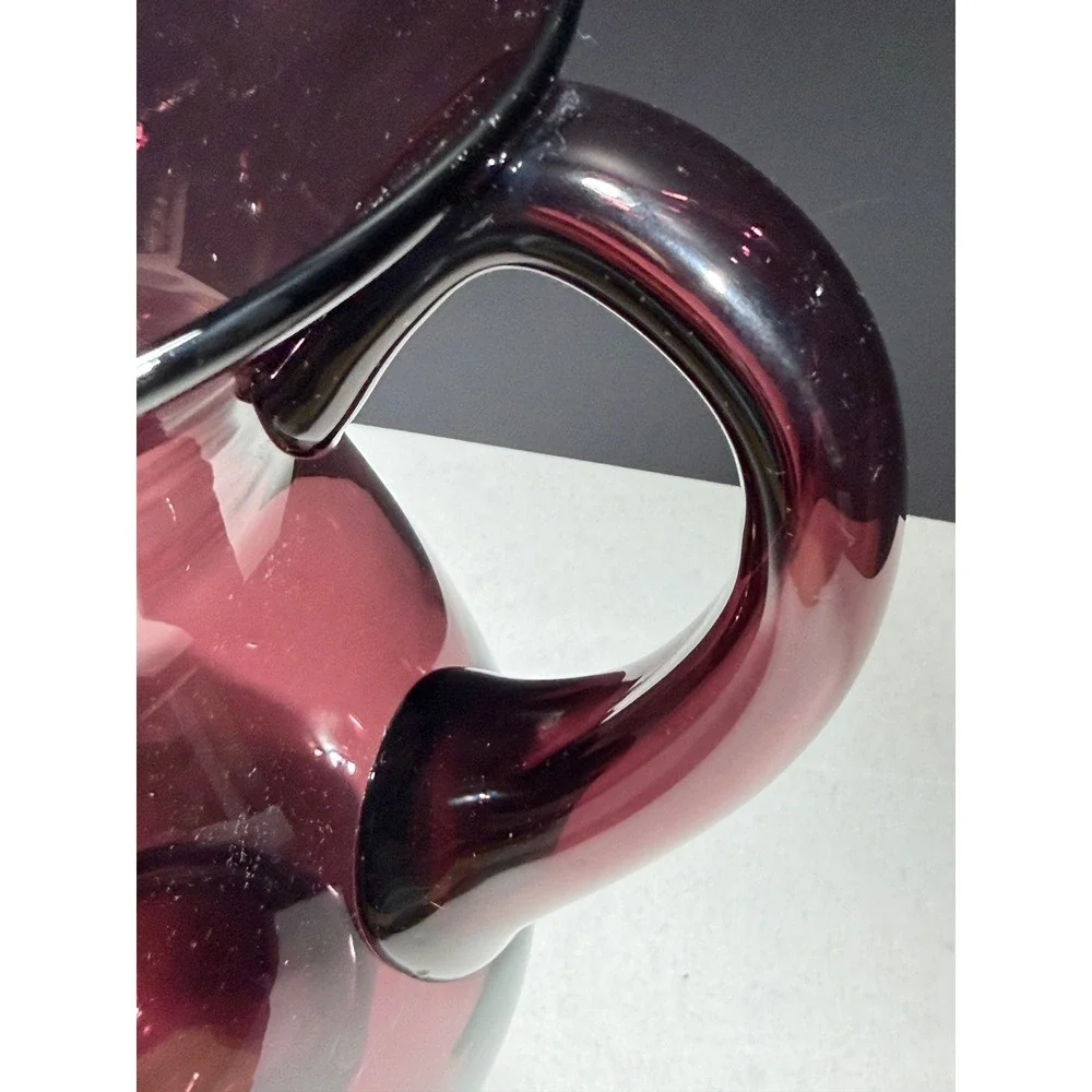 Amethyst Purple Hand Blown Glass‎ Pitcher Tri-Corner Ruffled Rim Vintage Plum